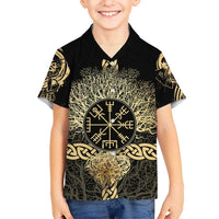Vegvisir Compass Viking Kid Hawaiian Shirt with Yggdrasil Tree and Axe Symbols Norse Mythology Tribute - Wonder Print Shop