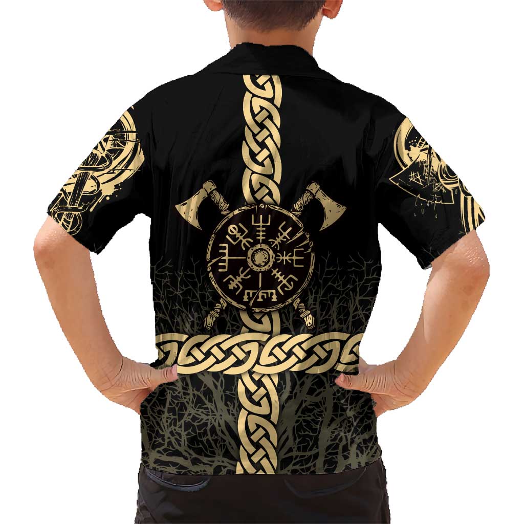 Vegvisir Compass Viking Kid Hawaiian Shirt with Yggdrasil Tree and Axe Symbols Norse Mythology Tribute - Wonder Print Shop