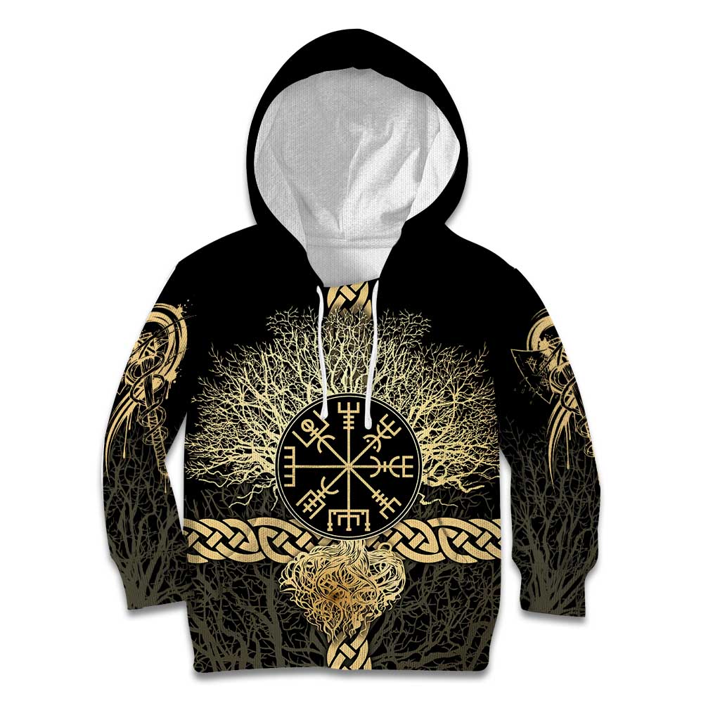 Vegvisir Compass Viking Kid Hoodie with Yggdrasil Tree and Axe Symbols Norse Mythology Tribute - Wonder Print Shop
