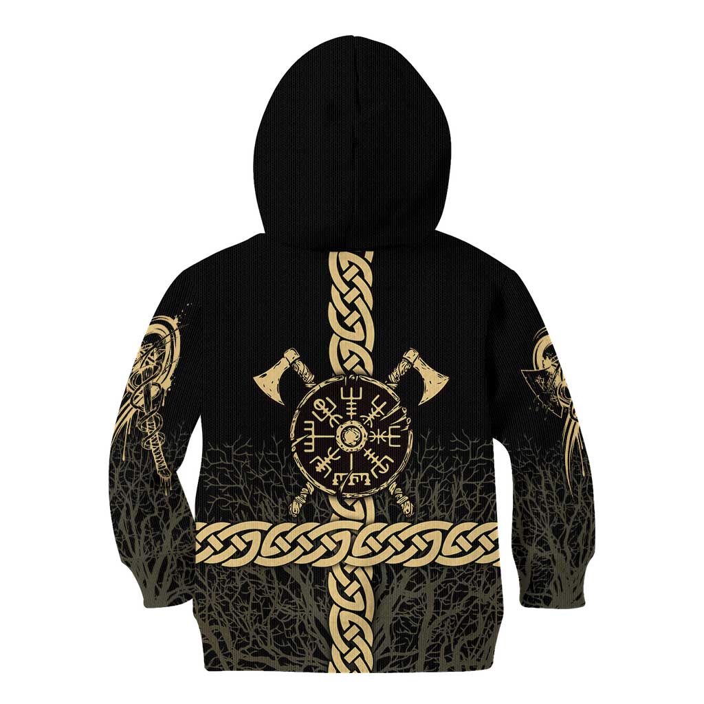 Vegvisir Compass Viking Kid Hoodie with Yggdrasil Tree and Axe Symbols Norse Mythology Tribute - Wonder Print Shop