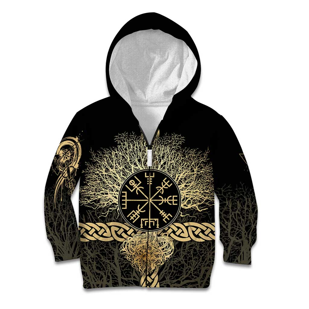 Vegvisir Compass Viking Kid Hoodie with Yggdrasil Tree and Axe Symbols Norse Mythology Tribute - Wonder Print Shop