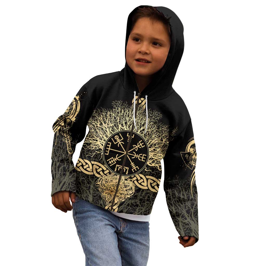 Vegvisir Compass Viking Kid Hoodie with Yggdrasil Tree and Axe Symbols Norse Mythology Tribute - Wonder Print Shop
