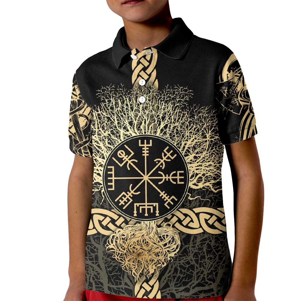 Vegvisir Compass Viking Kid Polo Shirt with Yggdrasil Tree and Axe Symbols Norse Mythology Tribute - Wonder Print Shop