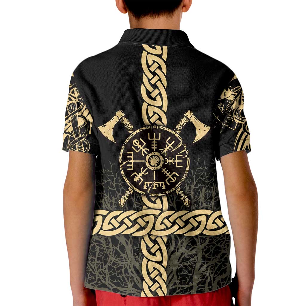 Vegvisir Compass Viking Kid Polo Shirt with Yggdrasil Tree and Axe Symbols Norse Mythology Tribute - Wonder Print Shop