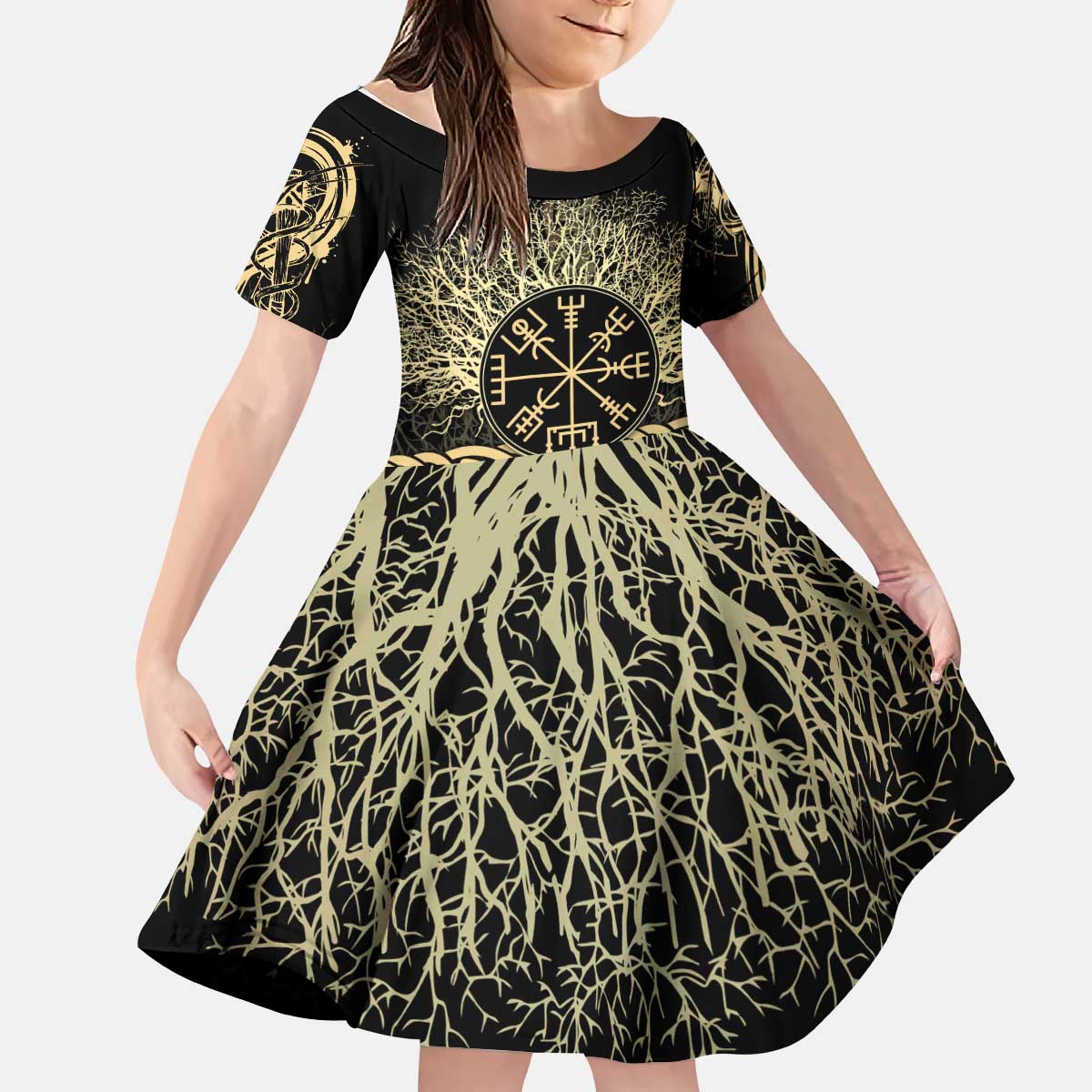 Vegvisir Compass Viking Kid Short Sleeve Dress with Yggdrasil Tree and Axe Symbols Norse Mythology Tribute - Wonder Print Shop
