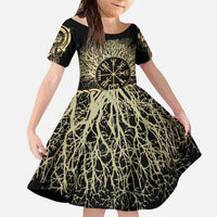 Vegvisir Compass Viking Kid Short Sleeve Dress with Yggdrasil Tree and Axe Symbols Norse Mythology Tribute - Wonder Print Shop