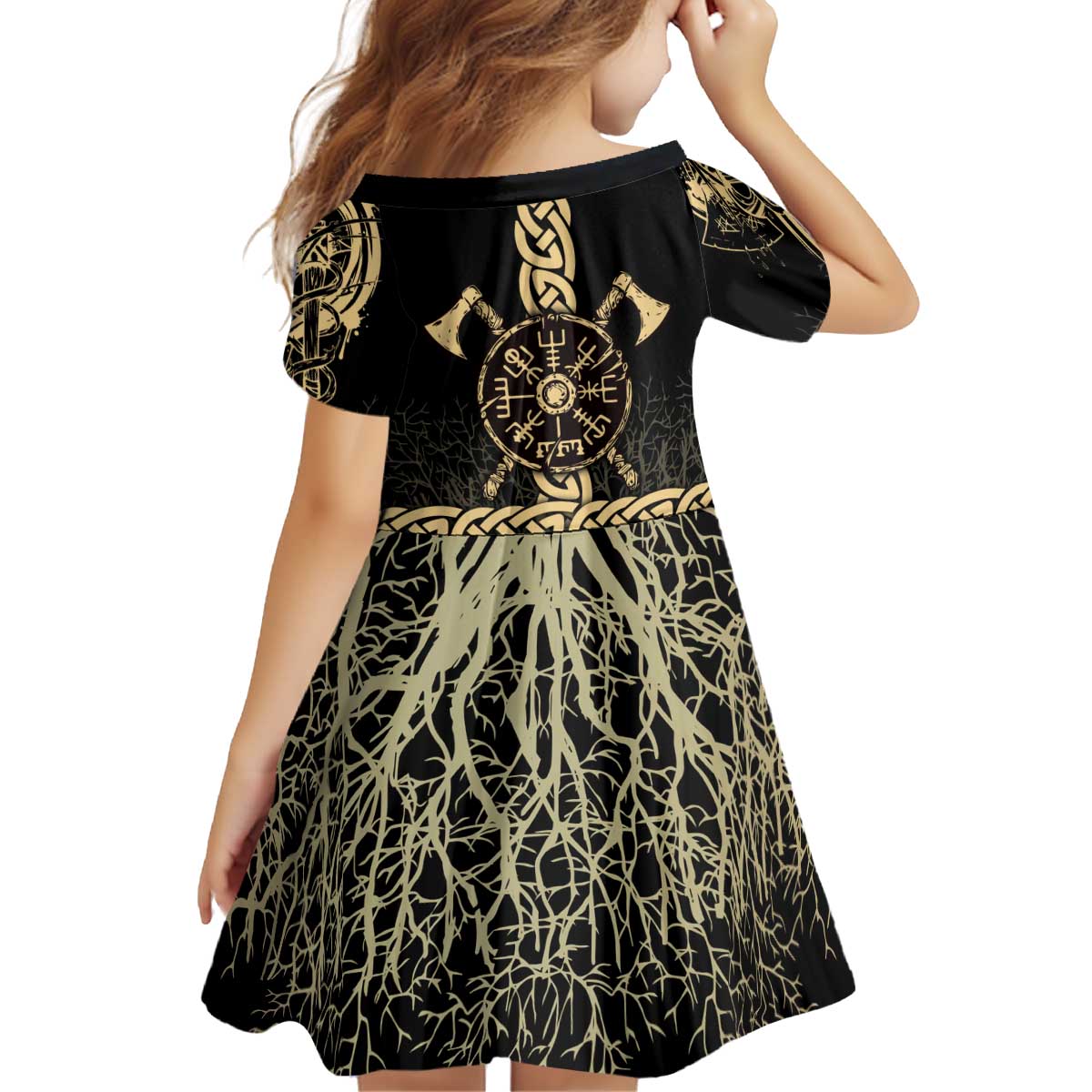 Vegvisir Compass Viking Kid Short Sleeve Dress with Yggdrasil Tree and Axe Symbols Norse Mythology Tribute - Wonder Print Shop