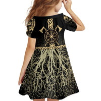 Vegvisir Compass Viking Kid Short Sleeve Dress with Yggdrasil Tree and Axe Symbols Norse Mythology Tribute - Wonder Print Shop