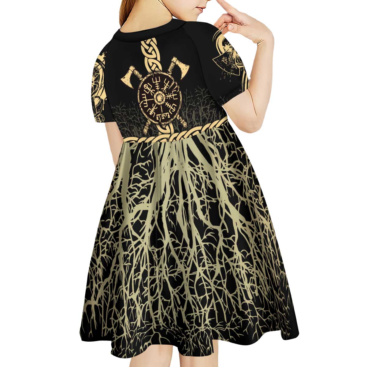Vegvisir Compass Viking Kid Short Sleeve Dress with Yggdrasil Tree and Axe Symbols Norse Mythology Tribute - Wonder Print Shop