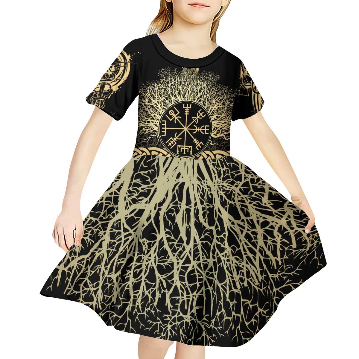 Vegvisir Compass Viking Kid Short Sleeve Dress with Yggdrasil Tree and Axe Symbols Norse Mythology Tribute - Wonder Print Shop