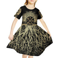 Vegvisir Compass Viking Kid Short Sleeve Dress with Yggdrasil Tree and Axe Symbols Norse Mythology Tribute - Wonder Print Shop