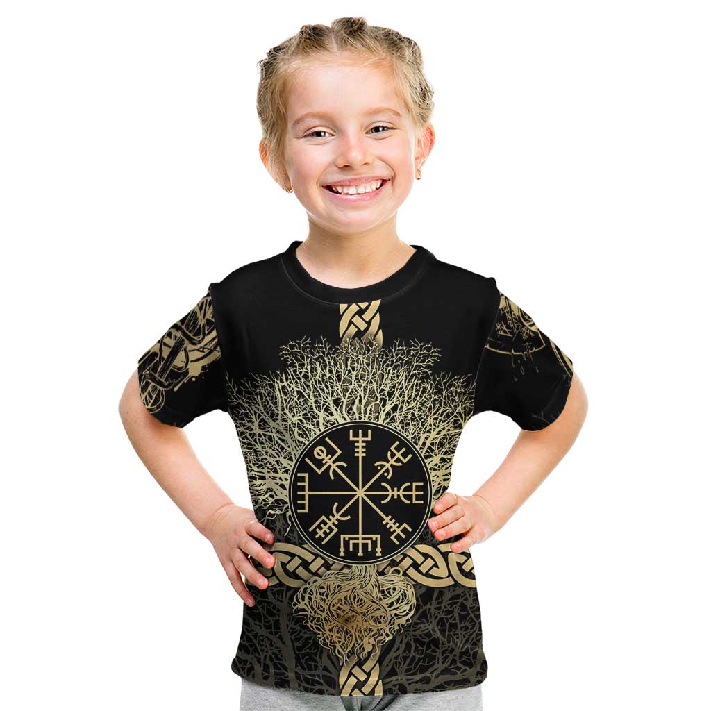 Vegvisir Compass Viking Kid T Shirt with Yggdrasil Tree and Axe Symbols Norse Mythology Tribute - Wonder Print Shop