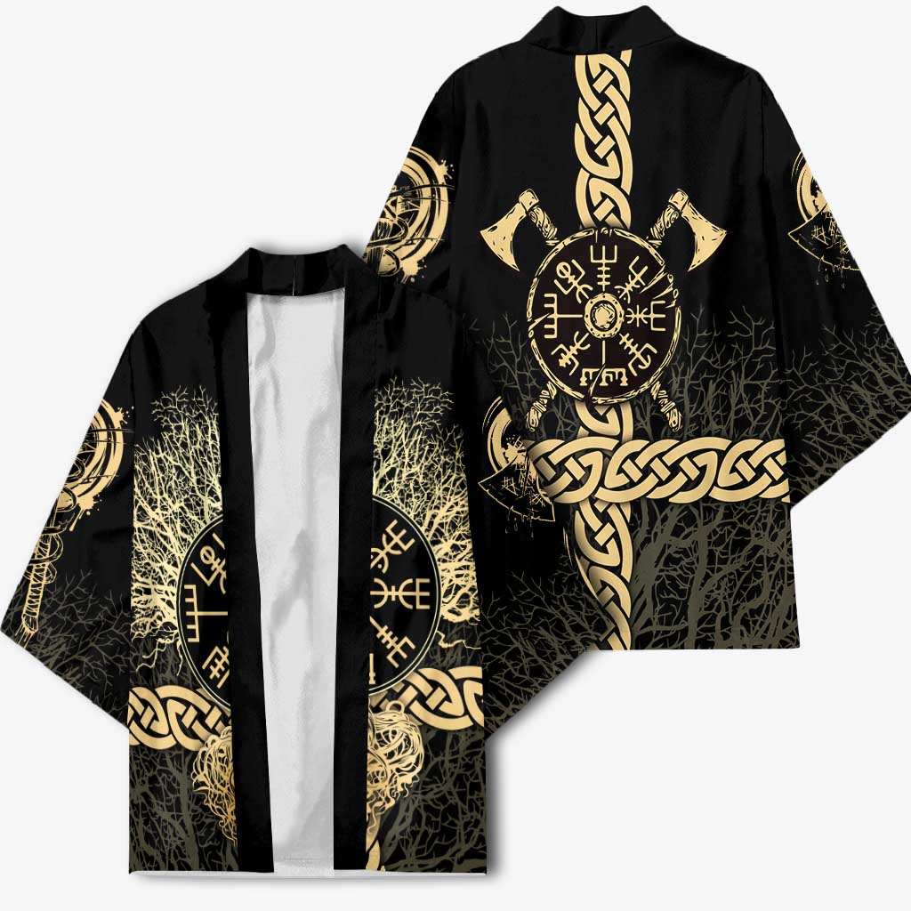 Vegvisir Compass Viking Kimono with Yggdrasil Tree and Axe Symbols Norse Mythology Tribute - Wonder Print Shop