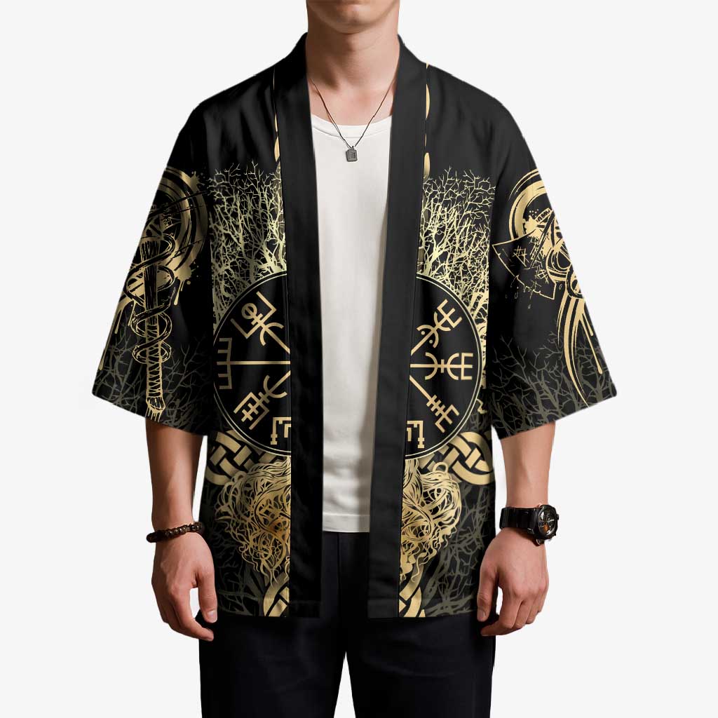Vegvisir Compass Viking Kimono with Yggdrasil Tree and Axe Symbols Norse Mythology Tribute - Wonder Print Shop