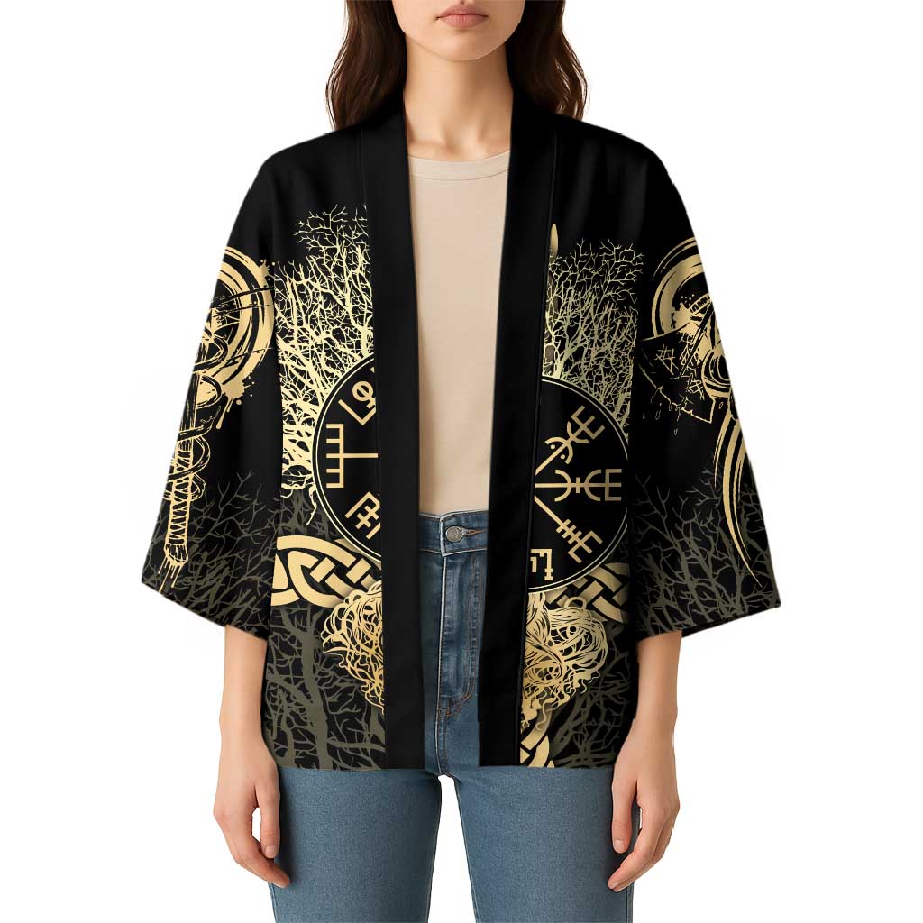 Vegvisir Compass Viking Kimono with Yggdrasil Tree and Axe Symbols Norse Mythology Tribute - Wonder Print Shop