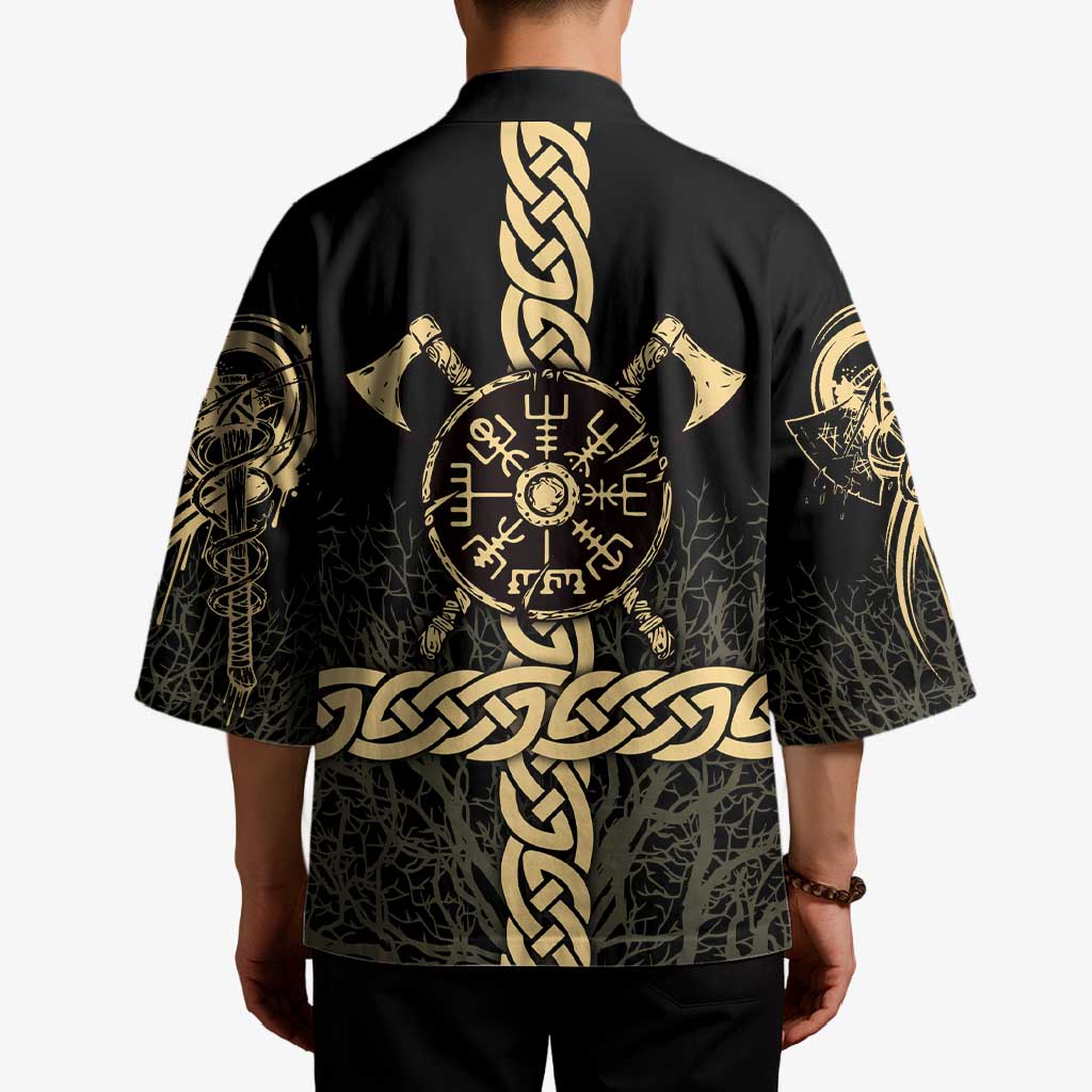 Vegvisir Compass Viking Kimono with Yggdrasil Tree and Axe Symbols Norse Mythology Tribute - Wonder Print Shop
