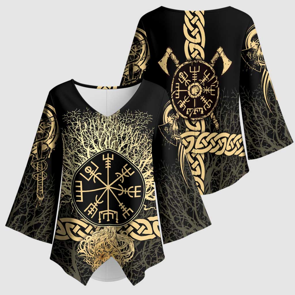 Vegvisir Compass Viking Kimono Sleeve Blouse with Yggdrasil Tree and Axe Symbols Norse Mythology Tribute - Wonder Print Shop