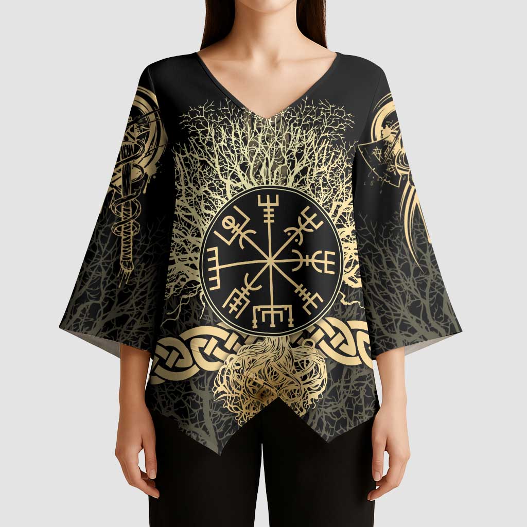 Vegvisir Compass Viking Kimono Sleeve Blouse with Yggdrasil Tree and Axe Symbols Norse Mythology Tribute - Wonder Print Shop