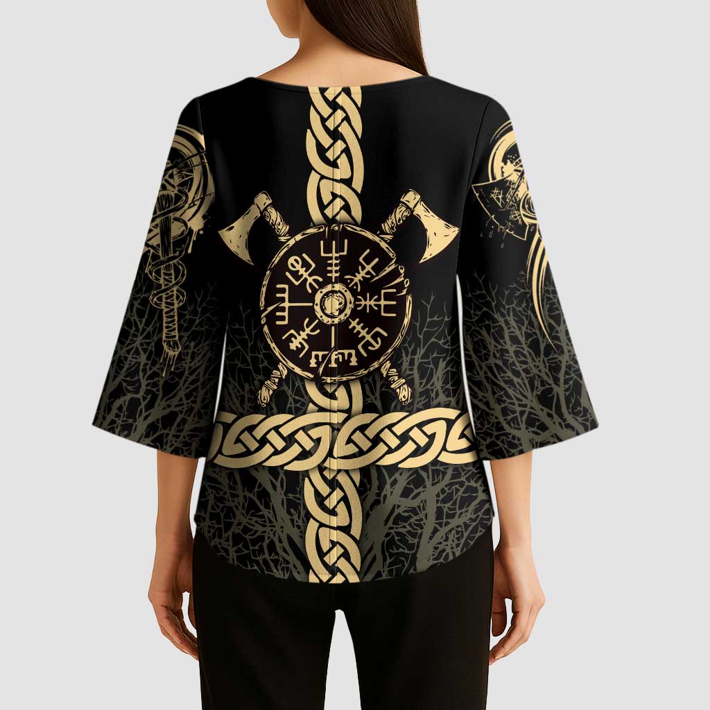Vegvisir Compass Viking Kimono Sleeve Blouse with Yggdrasil Tree and Axe Symbols Norse Mythology Tribute - Wonder Print Shop