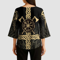 Vegvisir Compass Viking Kimono Sleeve Blouse with Yggdrasil Tree and Axe Symbols Norse Mythology Tribute - Wonder Print Shop