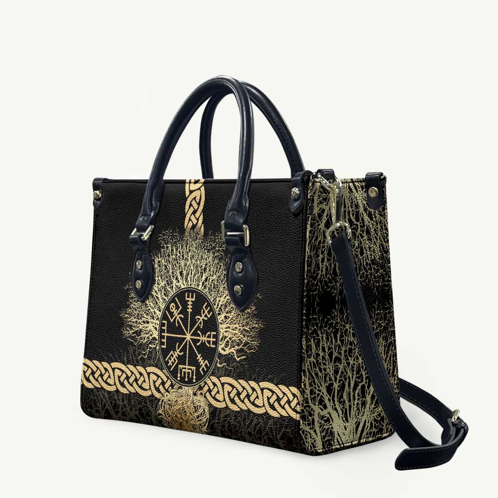 Vegvisir Compass Viking Leather Bag with Yggdrasil Tree and Axe Symbols Norse Mythology Tribute - Wonder Print Shop