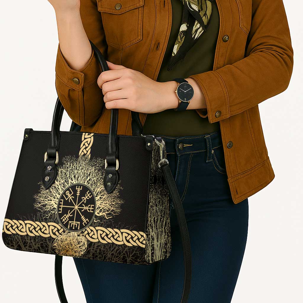 Vegvisir Compass Viking Leather Bag with Yggdrasil Tree and Axe Symbols Norse Mythology Tribute - Wonder Print Shop