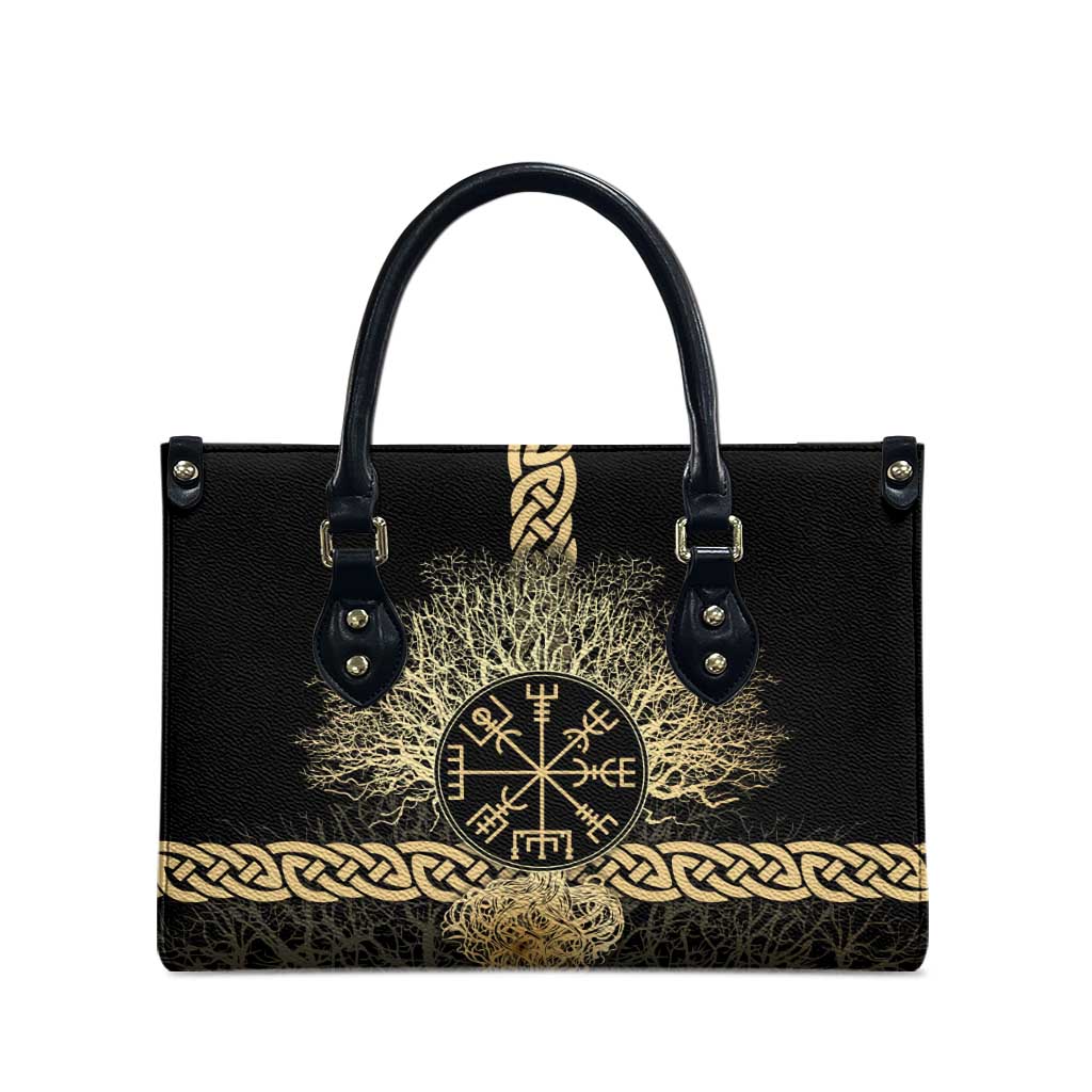 Vegvisir Compass Viking Leather Bag with Yggdrasil Tree and Axe Symbols Norse Mythology Tribute - Wonder Print Shop