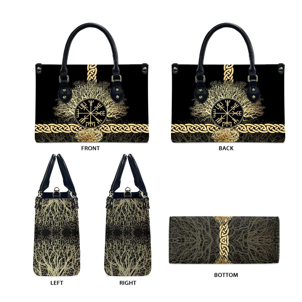 Vegvisir Compass Viking Leather Bag with Yggdrasil Tree and Axe Symbols Norse Mythology Tribute - Wonder Print Shop
