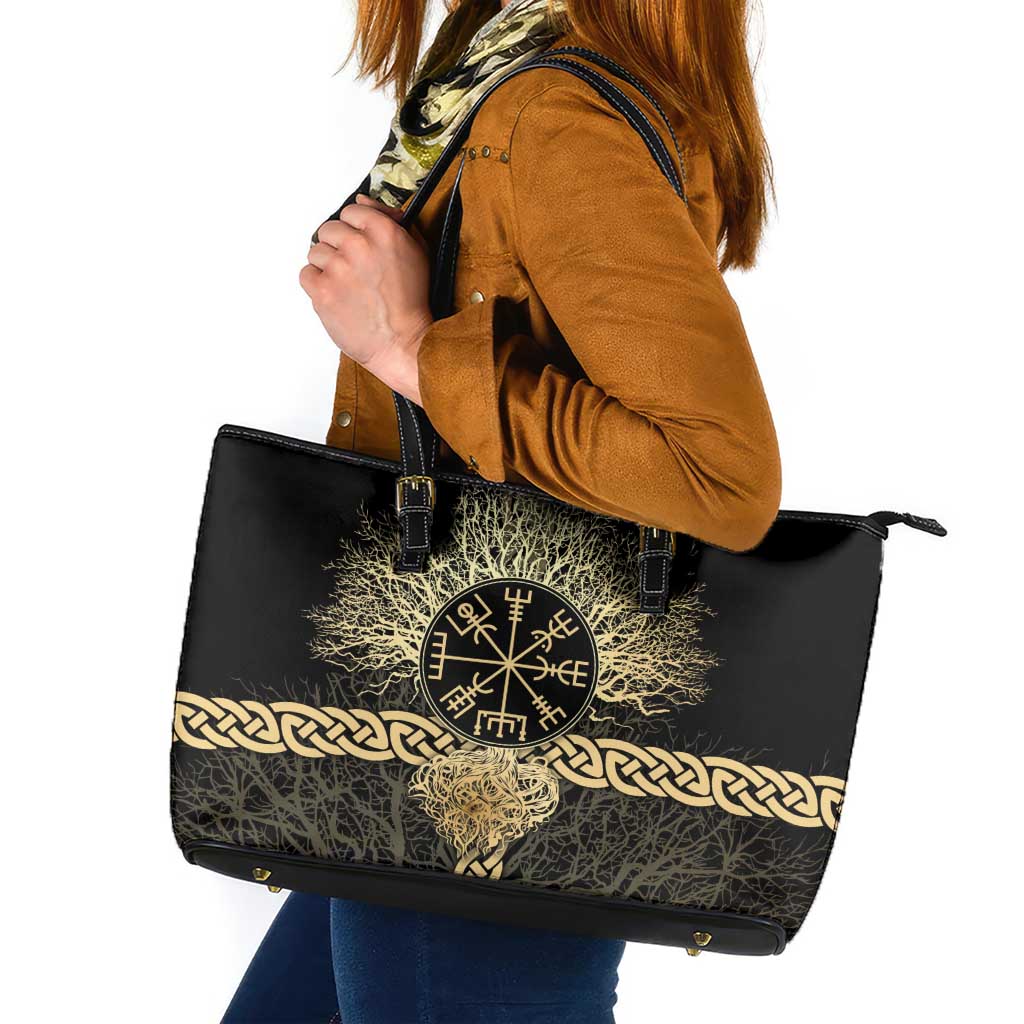 Vegvisir Compass Viking Leather Tote Bag with Yggdrasil Tree and Axe Symbols Norse Mythology Tribute - Wonder Print Shop