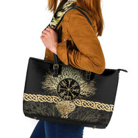 Vegvisir Compass Viking Leather Tote Bag with Yggdrasil Tree and Axe Symbols Norse Mythology Tribute - Wonder Print Shop