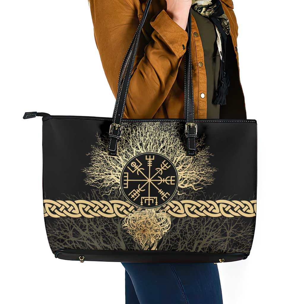 Vegvisir Compass Viking Leather Tote Bag with Yggdrasil Tree and Axe Symbols Norse Mythology Tribute - Wonder Print Shop
