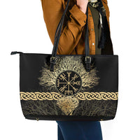 Vegvisir Compass Viking Leather Tote Bag with Yggdrasil Tree and Axe Symbols Norse Mythology Tribute - Wonder Print Shop