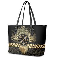 Vegvisir Compass Viking Leather Tote Bag with Yggdrasil Tree and Axe Symbols Norse Mythology Tribute - Wonder Print Shop