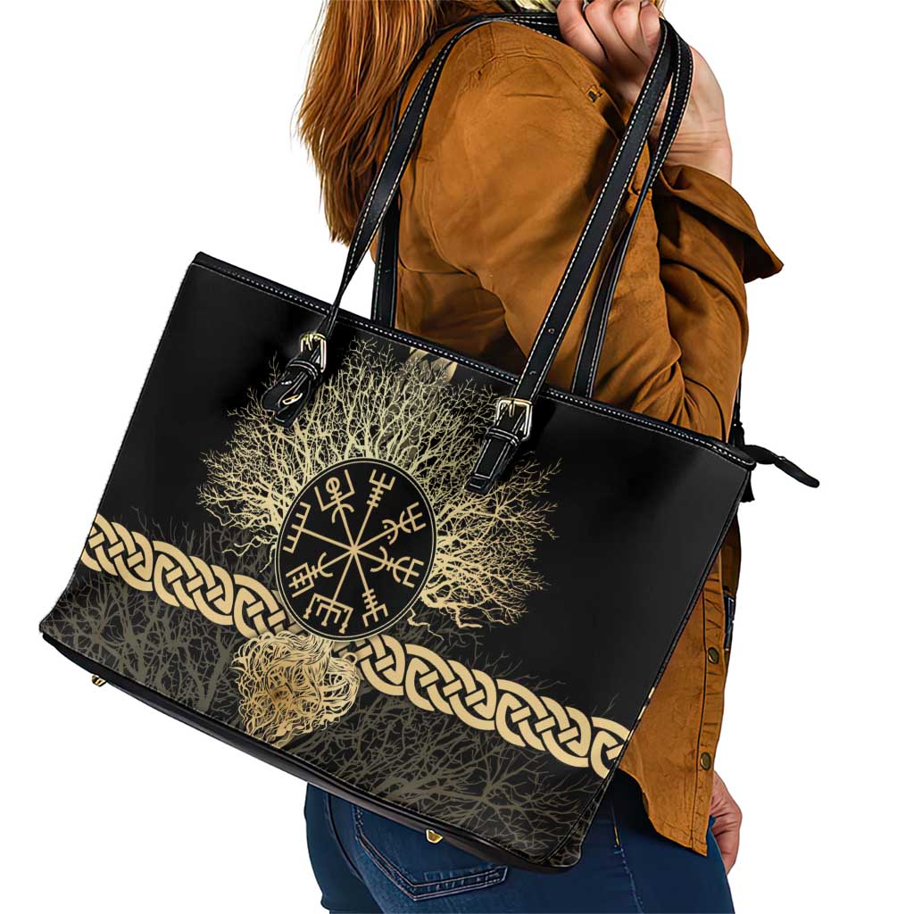 Vegvisir Compass Viking Leather Tote Bag with Yggdrasil Tree and Axe Symbols Norse Mythology Tribute - Wonder Print Shop