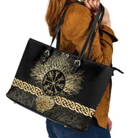 Vegvisir Compass Viking Leather Tote Bag with Yggdrasil Tree and Axe Symbols Norse Mythology Tribute - Wonder Print Shop