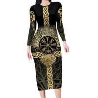 Vegvisir Compass Viking Long Sleeve Bodycon Dress with Yggdrasil Tree and Axe Symbols Norse Mythology Tribute - Wonder Print Shop