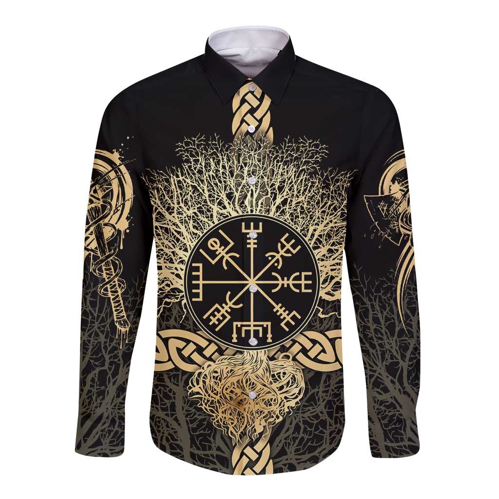 Vegvisir Compass Viking Long Sleeve Button Shirt with Yggdrasil Tree and Axe Symbols Norse Mythology Tribute - Wonder Print Shop