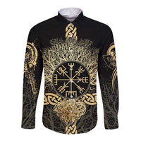 Vegvisir Compass Viking Long Sleeve Button Shirt with Yggdrasil Tree and Axe Symbols Norse Mythology Tribute - Wonder Print Shop