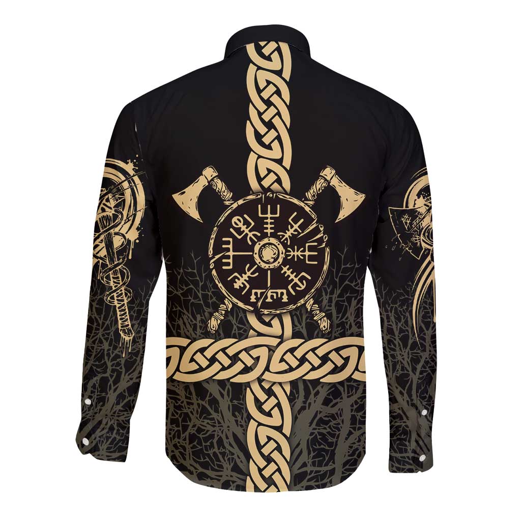 Vegvisir Compass Viking Long Sleeve Button Shirt with Yggdrasil Tree and Axe Symbols Norse Mythology Tribute - Wonder Print Shop