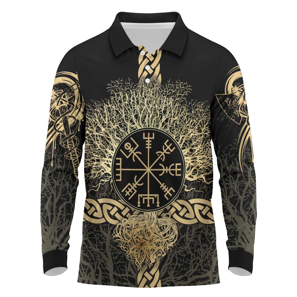 Vegvisir Compass Viking Long Sleeve Polo Shirt with Yggdrasil Tree and Axe Symbols Norse Mythology Tribute - Wonder Print Shop