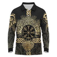Vegvisir Compass Viking Long Sleeve Polo Shirt with Yggdrasil Tree and Axe Symbols Norse Mythology Tribute - Wonder Print Shop