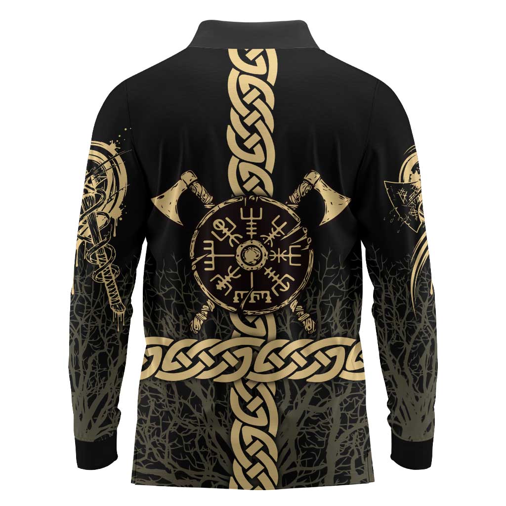 Vegvisir Compass Viking Long Sleeve Polo Shirt with Yggdrasil Tree and Axe Symbols Norse Mythology Tribute - Wonder Print Shop