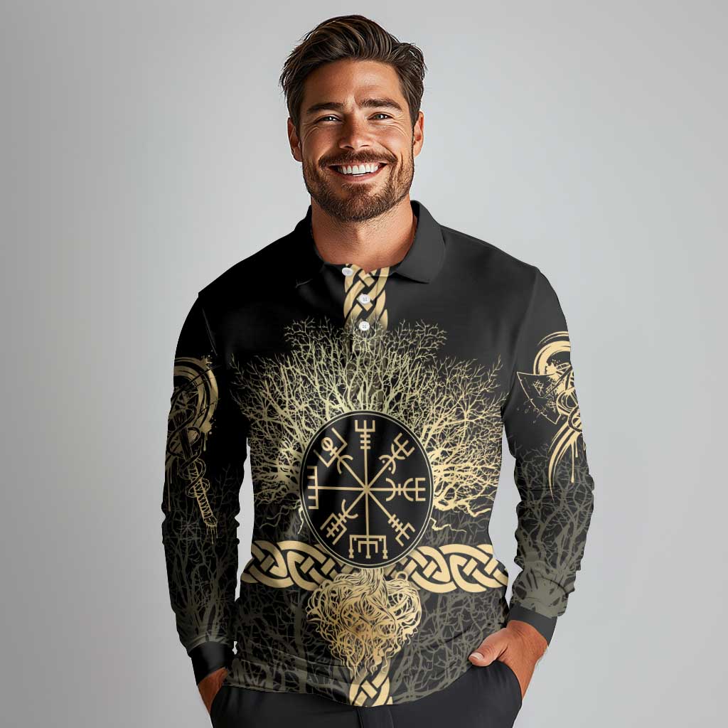 Vegvisir Compass Viking Long Sleeve Polo Shirt with Yggdrasil Tree and Axe Symbols Norse Mythology Tribute - Wonder Print Shop