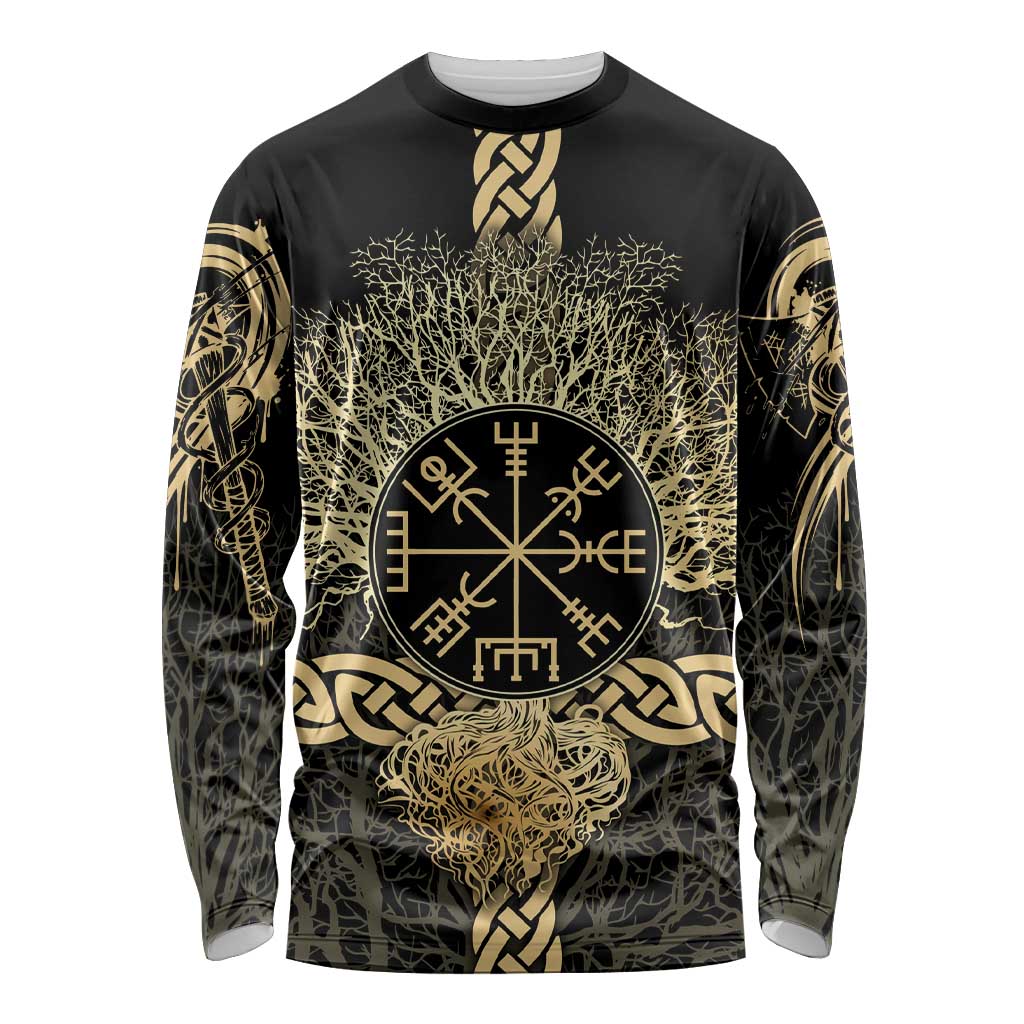 Vegvisir Compass Viking Long Sleeve Shirt with Yggdrasil Tree and Axe Symbols Norse Mythology Tribute - Wonder Print Shop