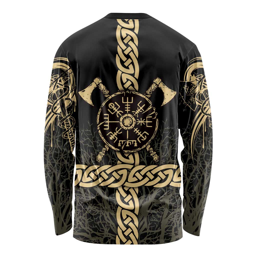 Vegvisir Compass Viking Long Sleeve Shirt with Yggdrasil Tree and Axe Symbols Norse Mythology Tribute - Wonder Print Shop