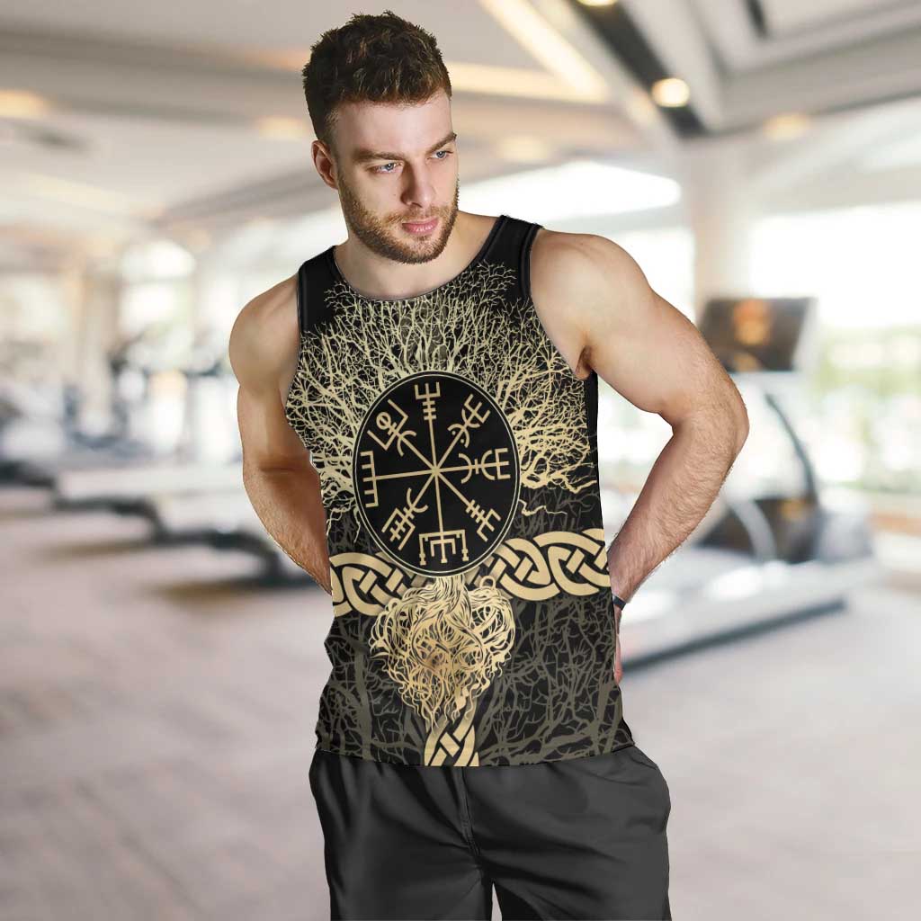 Vegvisir Compass Viking Men Tank Top with Yggdrasil Tree and Axe Symbols Norse Mythology Tribute - Wonder Print Shop