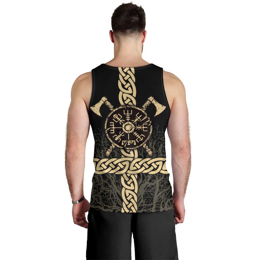 Vegvisir Compass Viking Men Tank Top with Yggdrasil Tree and Axe Symbols Norse Mythology Tribute - Wonder Print Shop