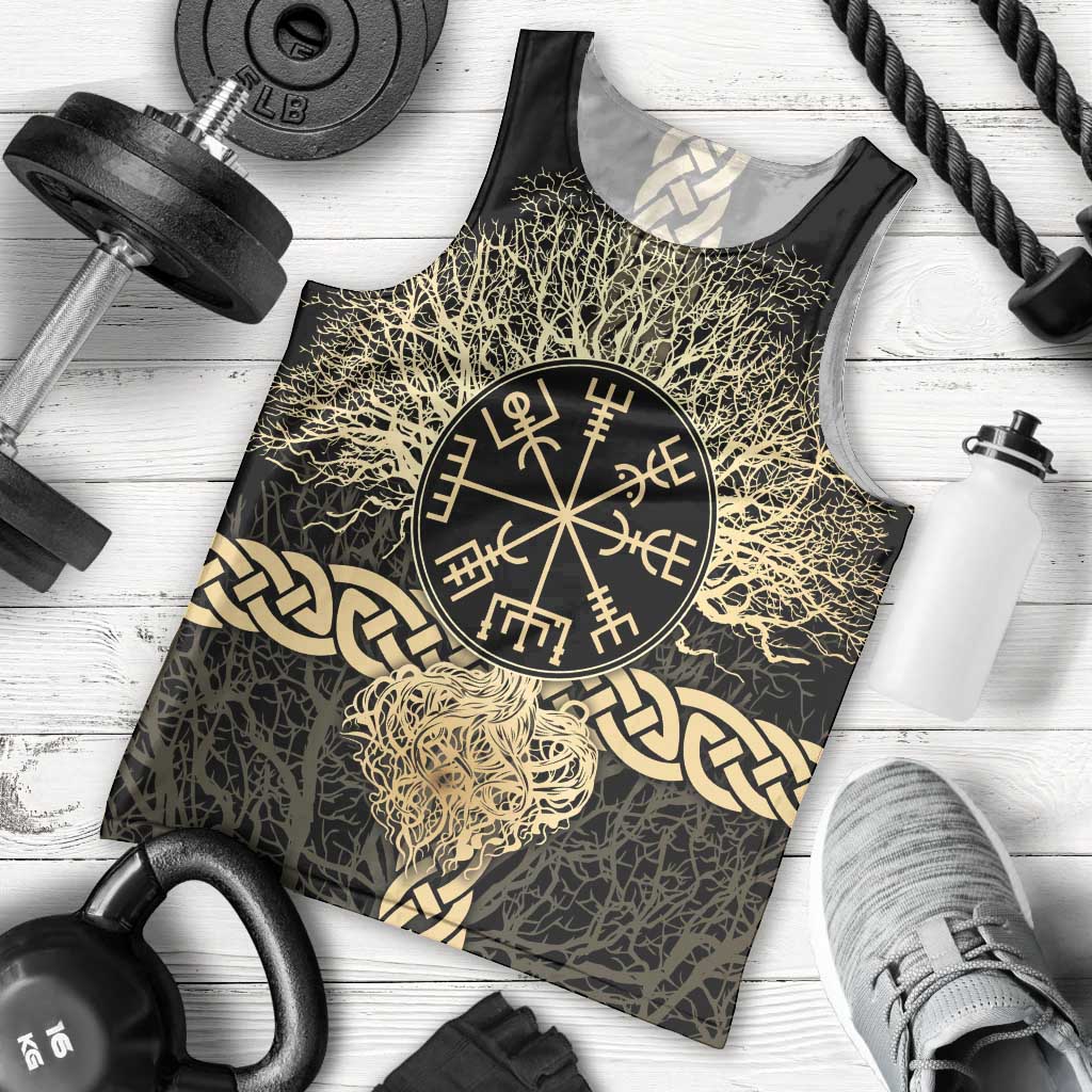Vegvisir Compass Viking Men Tank Top with Yggdrasil Tree and Axe Symbols Norse Mythology Tribute - Wonder Print Shop