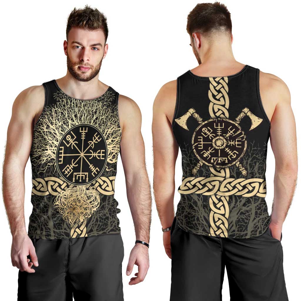 Vegvisir Compass Viking Men Tank Top with Yggdrasil Tree and Axe Symbols Norse Mythology Tribute - Wonder Print Shop