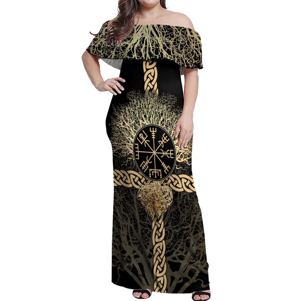 Vegvisir Compass Viking Off Shoulder Maxi Dress with Yggdrasil Tree and Axe Symbols Norse Mythology Tribute - Wonder Print Shop